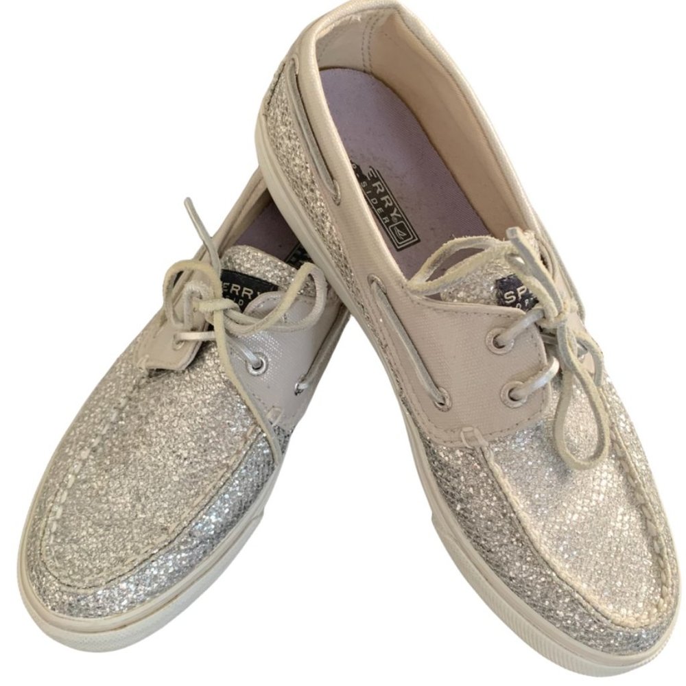 Sperry Topsider Bahama Metallic SILVER SPARKLE Boat Shoes 8.5 - Picture 2 of 6